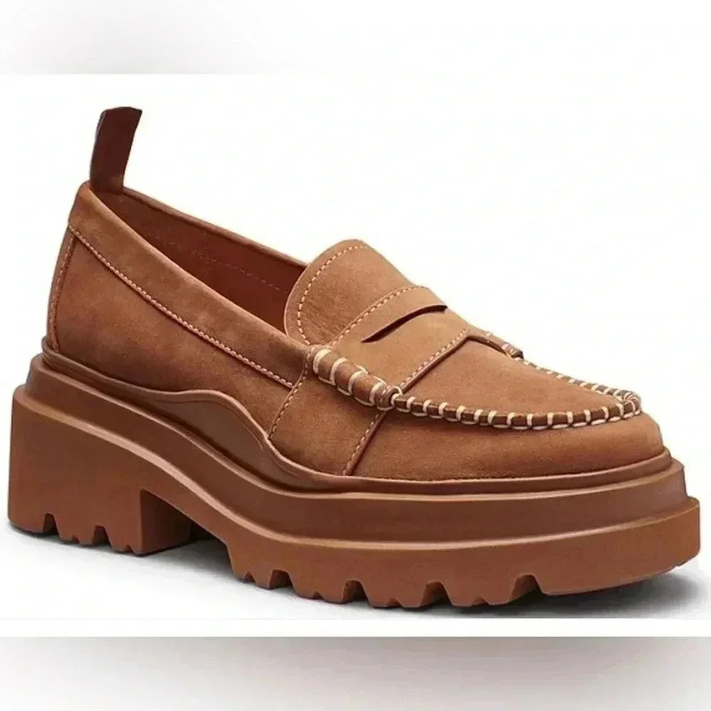 G.H. Bass Platform Lug Nubuck Suede Penny Loafers Sz 8‎ Camel